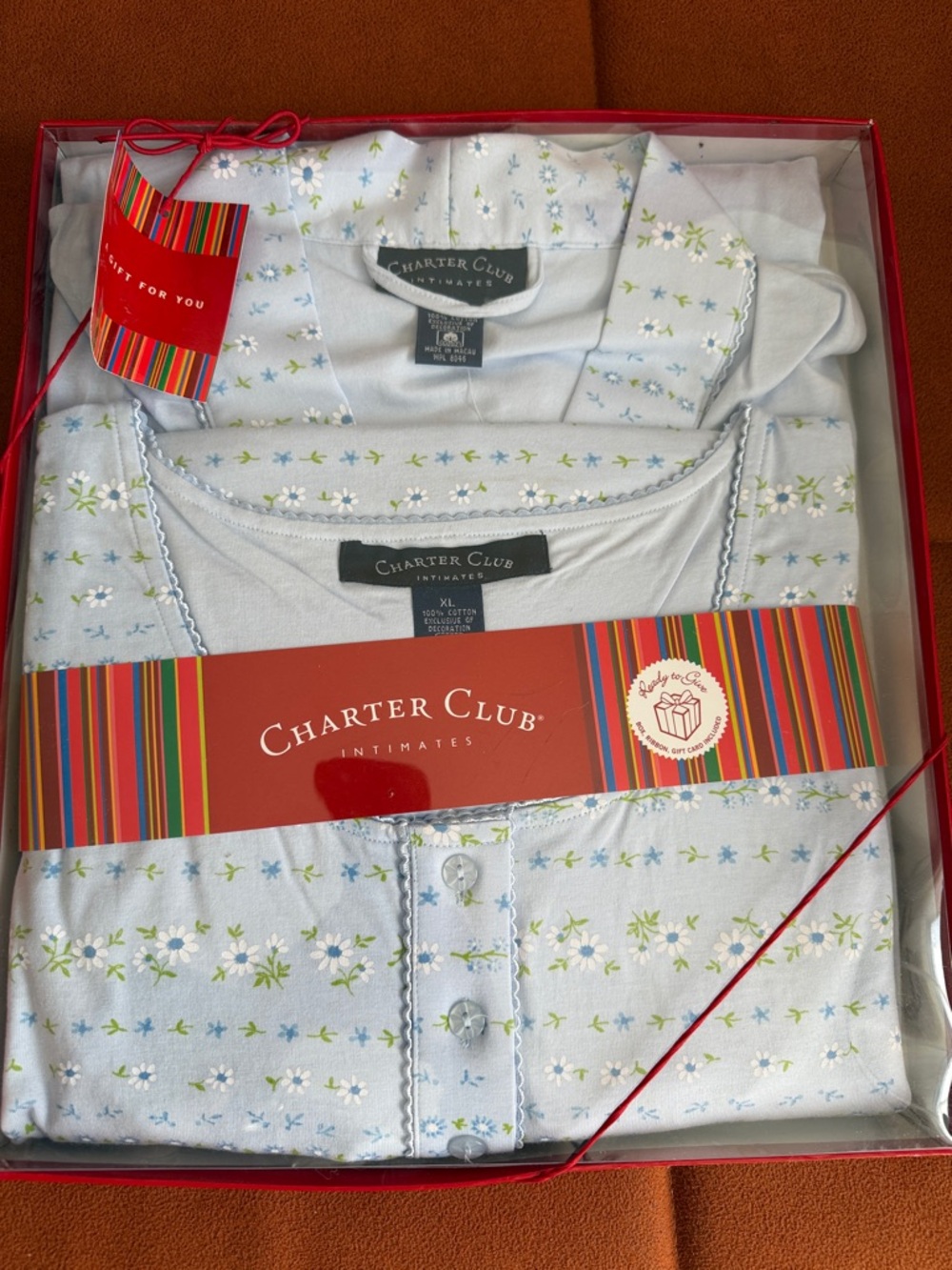 Charter Club Light Blue Floral Cotton-Blend Robe & Pajama Set